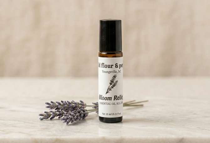 Bloom Relief essential oil roller with lavender